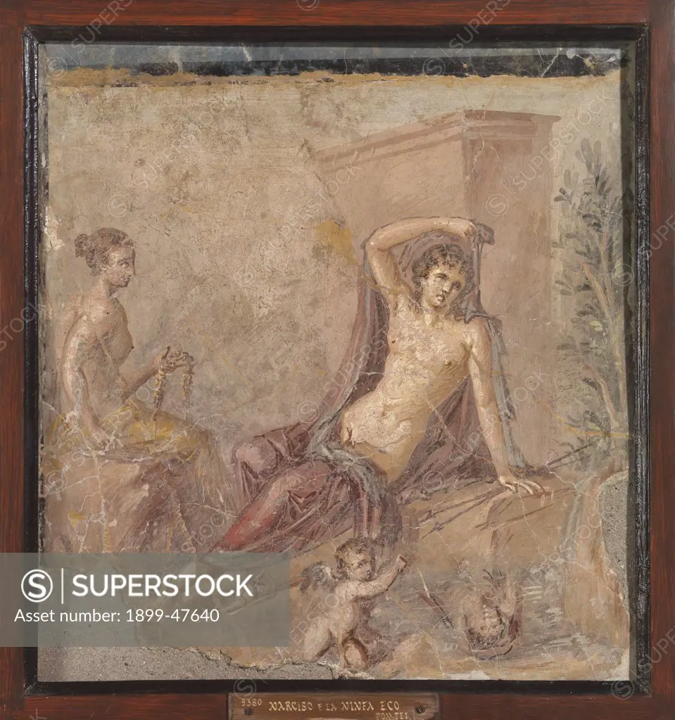 Narcissus and Echo, by Unknown, 62 - 79, 1st Century, painted stucco. Italy, Campania, Naples, National Archaeological Museum, from Pompeii. Whole artwork. Young woman naked breast boy man putti.