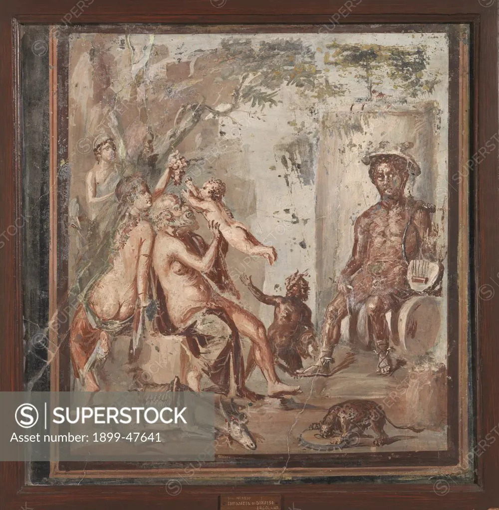 Childhood of Dionysus, by Unknown, 62 - 79, 1st Century, painted stucco. Italy, Campania, Naples, National Archaeological Museum, from Herculaneum. Whole artwork. Dionysus child bunch of grapes donkey satyr infant child zither.
