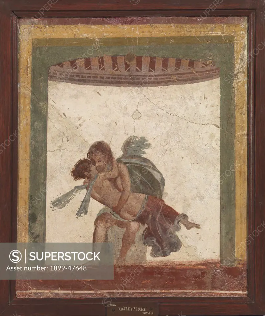 Eros and Psyche Tenderly Kiss, by Unknown, 1st Century, fresco mural. Italy, Campania, Naples, National Archaeological Museum, from Pompeii, House VII. Whole artwork. Wall decoration panel Eros naked Psyche kiss hug restored.