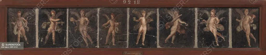 Hunting cupids, by Unknown, 62 - 79, 1st Century, painted stucco. Italy, Campania, Naples, National Archaeological Museum, From Herculaneum. Whole artwork. Putti winged cupids wings infant child arch.