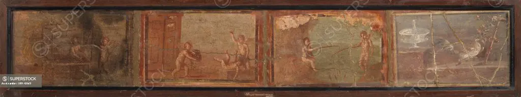 Cupids, by Unknown, 62 - 79, 1st Century, painted stucco. Italy, Campania, Naples, National Archaeological Museum, From Herculaneum. Whole artwork. Putti winged cupids wings infant child arch.