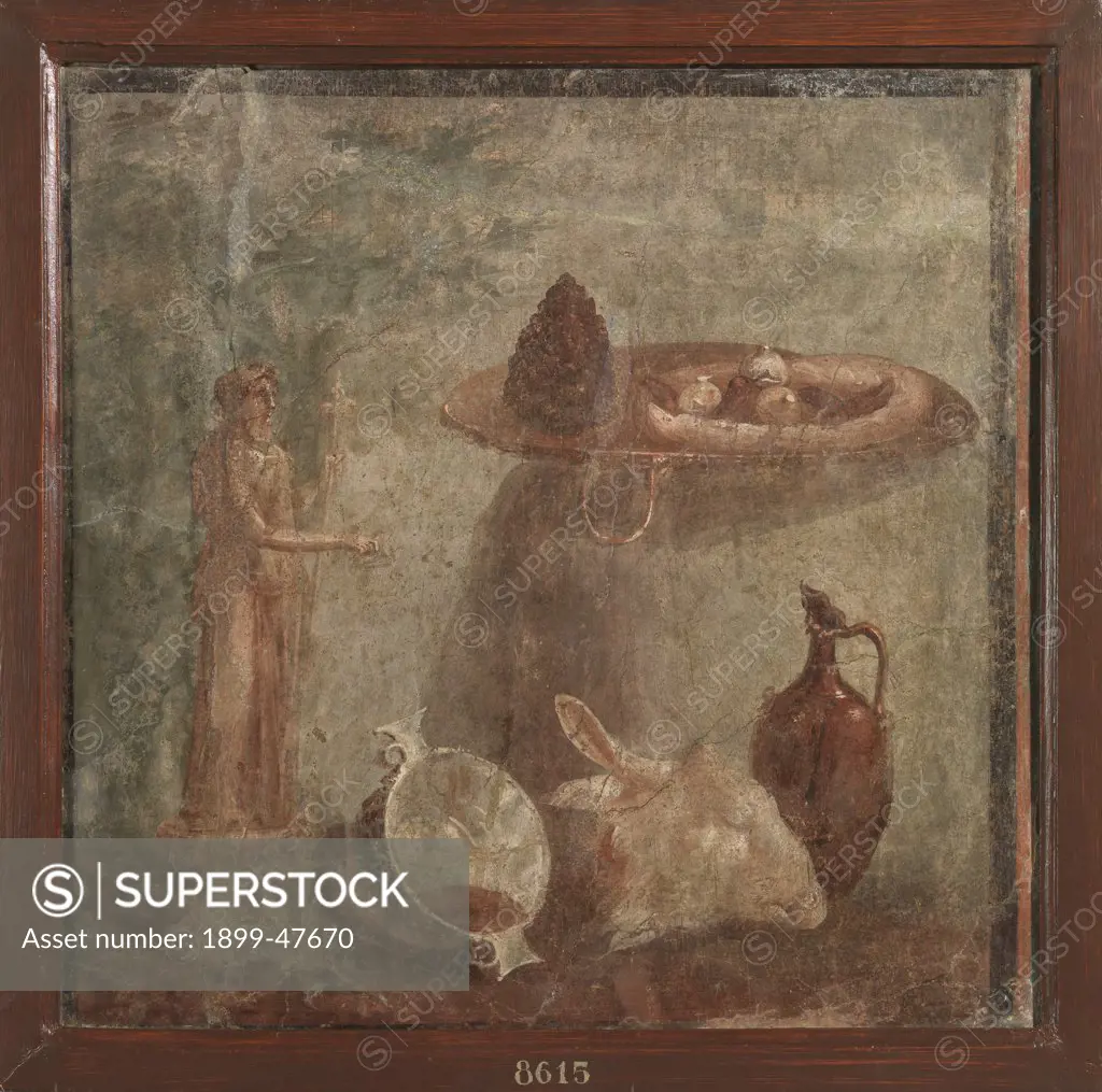Still life (sacrifice to Dionysus), by Unknown, 62 - 79, 1st Century, painted stucco. Italy, Campania, Naples, National Archaeological Museum, from Herculaneum, House of the Deer. Whole artwork. Pitcher sheep head dish fruit cup statuette Dionysus.