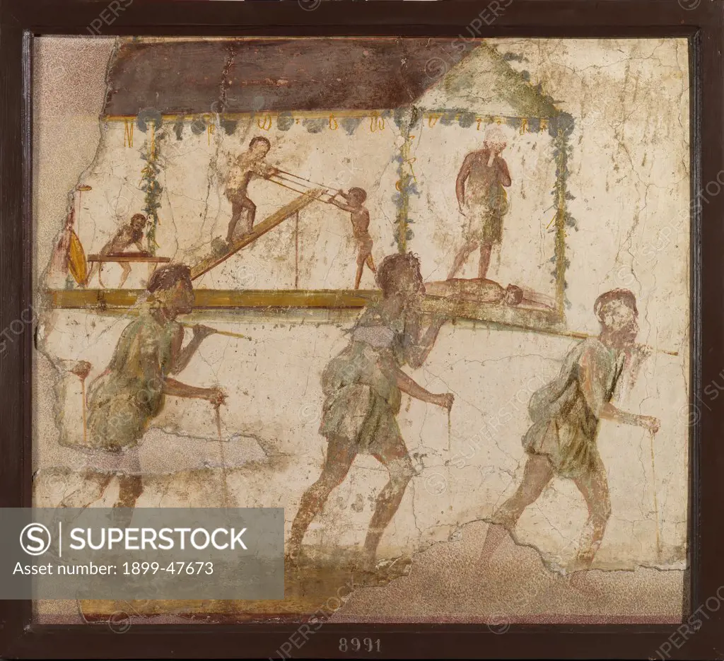 Procession of carpenters, by Unknown, 1st Century, painted stucco. Italy, Campania, Naples, National Archaeological Museum, From Pompeii. Whole artwork. Men procession sedan-chair saw joiners deceased.