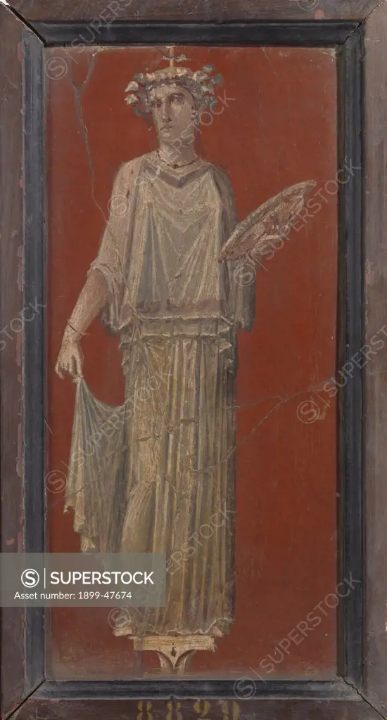 Donor, by Unknown, 1st Century b.C.- 1st Century, painted stucco. Italy, Campania, Naples, National Archaeological Museum, From the Vesuvio Area. Whole artwork. Offering woman red cloth: robe.