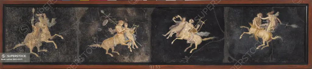 Male and female centauri, by Unknown, 41 - 62, 1st Century, painted stucco. Italy, Campania, Naples, National Archaeological Museum, From Pompeii, Villa of Cicero. Whole artwork. Male and female centaurs black.