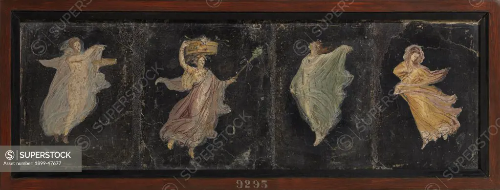 Set of 4 Bacchantes in various attitudes, by Unknown, 41 - 62, 1st Century, painted stucco. Italy, Campania, Naples, National Archaeological Museum, from Pompeii, Villa of Cicero. Whole artwork. Maenads young women dancing veil yellow green back transparencies fabric: tissue.