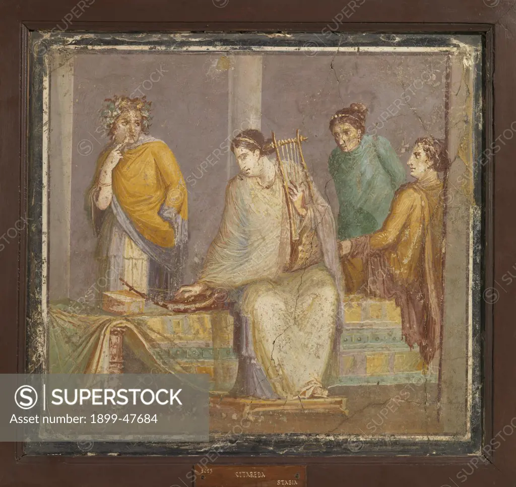 Concert, by Unknown, 41 - 62, 1st Century, painted stucco. Italy, Campania, Naples, National Archaeological Museum, from Pompeii. Whole artwork. Women player musical instruments zither yellow green.
