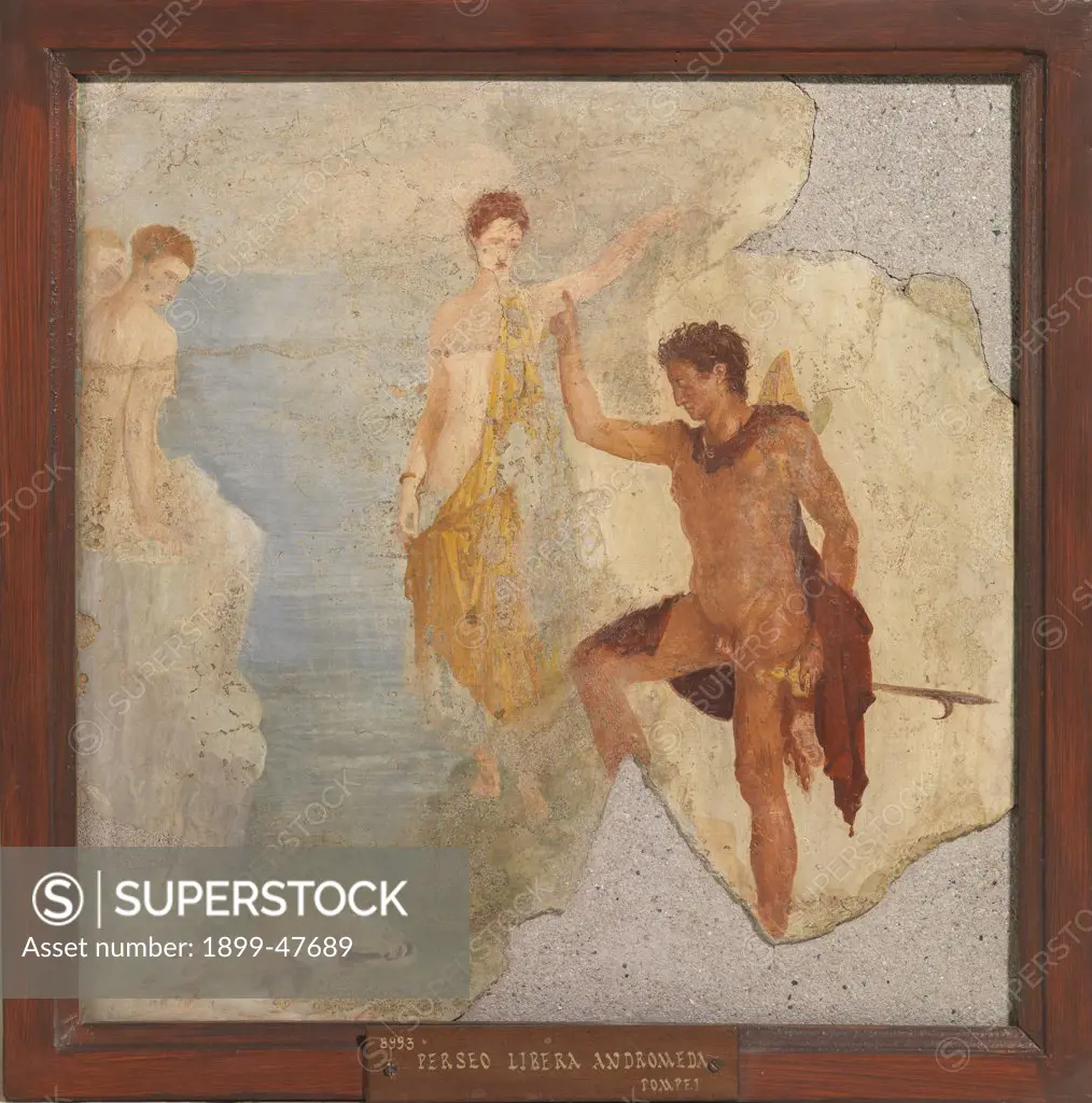 Perseus Freeing Andromeda, by Unknown, 41 - 62, 1st Century, painted stucco. Italy, Campania, Naples, National Archaeological Museum. Whole artwork. Naked man woman Perseus Andromeda.