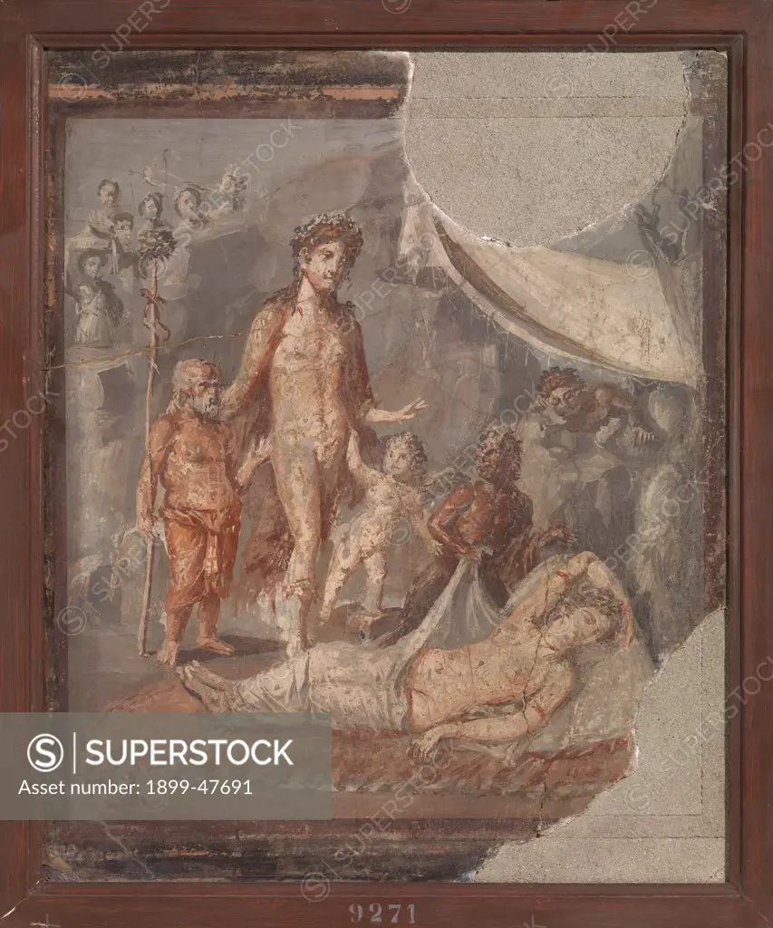 Dionysus and Ariane, by Unknown, 41 - 62, 1st Century, painted stucco. Italy, Campania, Naples, National Archaeological Museum, from Pompeii, House of Marcus Lucretius. Whole artwork. Wall decoration Dionysus Ariadne putto naked satyr male nude naked woman cradling.