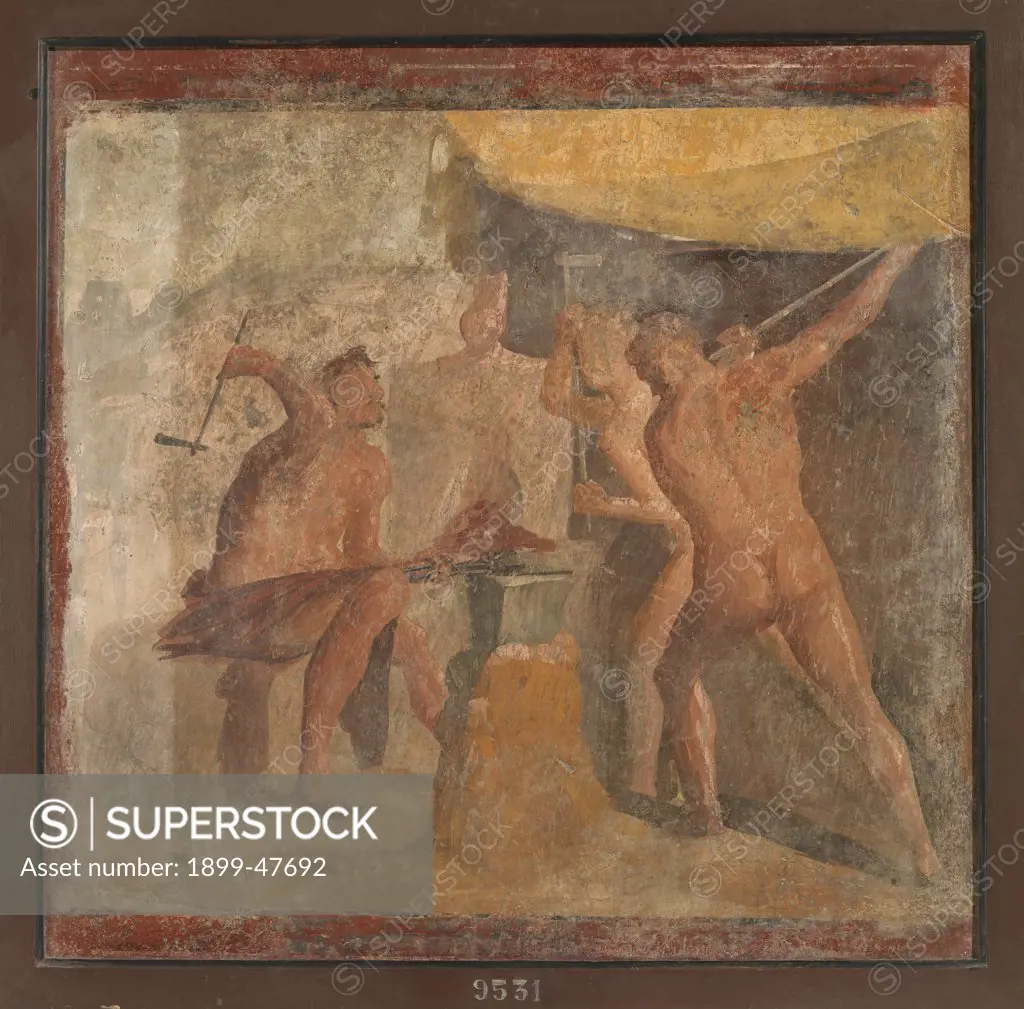 Workshop of Hephaestus, by Unknown, 62 - 79, 1st Century, fresco mural painting. Italy, Campania, Naples, National Archaeological Museum, from Pompeii, House of Quadrighe. Whole artwork. Workshop forge blacksmith Hephaestus Vulcan anvil hammer naked men.
