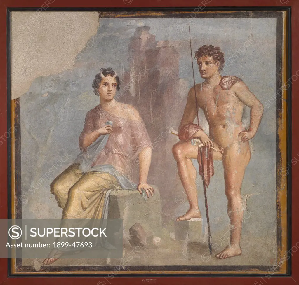 Io and Argo, by Unknown, 62 - 79, 1st Century, fresco mural painting. Italy, Campania, Naples, National Archaeological Museum, from Pompeii, House of Meleager. Whole artwork. Nymph Io Argus naked young man.