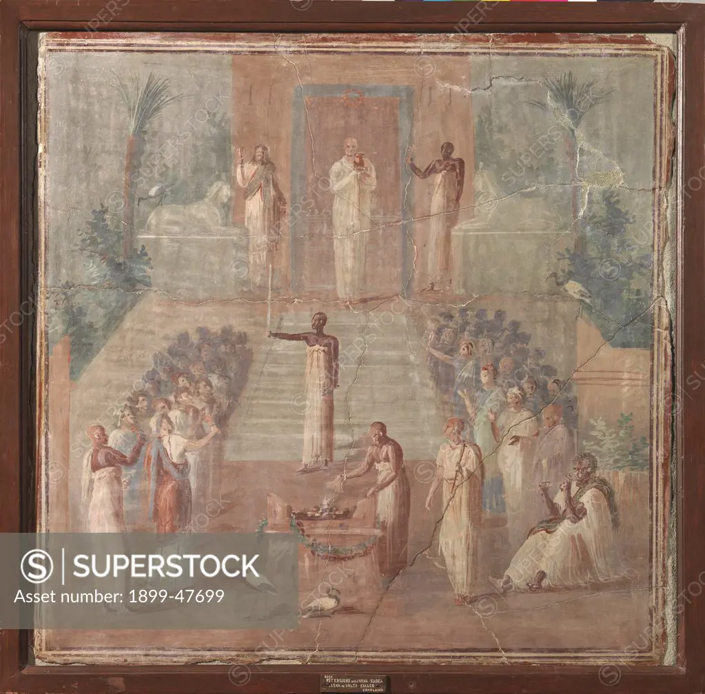 Isiac Ceremony, by Unknown, 62 - 79, 1st Century, painted stucco. Italy, Campania, Naples, National Archaeological Museum, from Herculaneum. Whole artwork. Men Isiac ceremony priest birds.