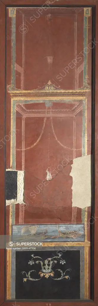 Architectonic foreshortening with naumachia, by Unknown, 62 - 79, 1st Century, painted stucco. Italy, Campania, Naples, National Archaeological Museum, from Pompeii, Isis Temple. Detail. Red rinceaux frame naumachia architectural decoration naval battle.