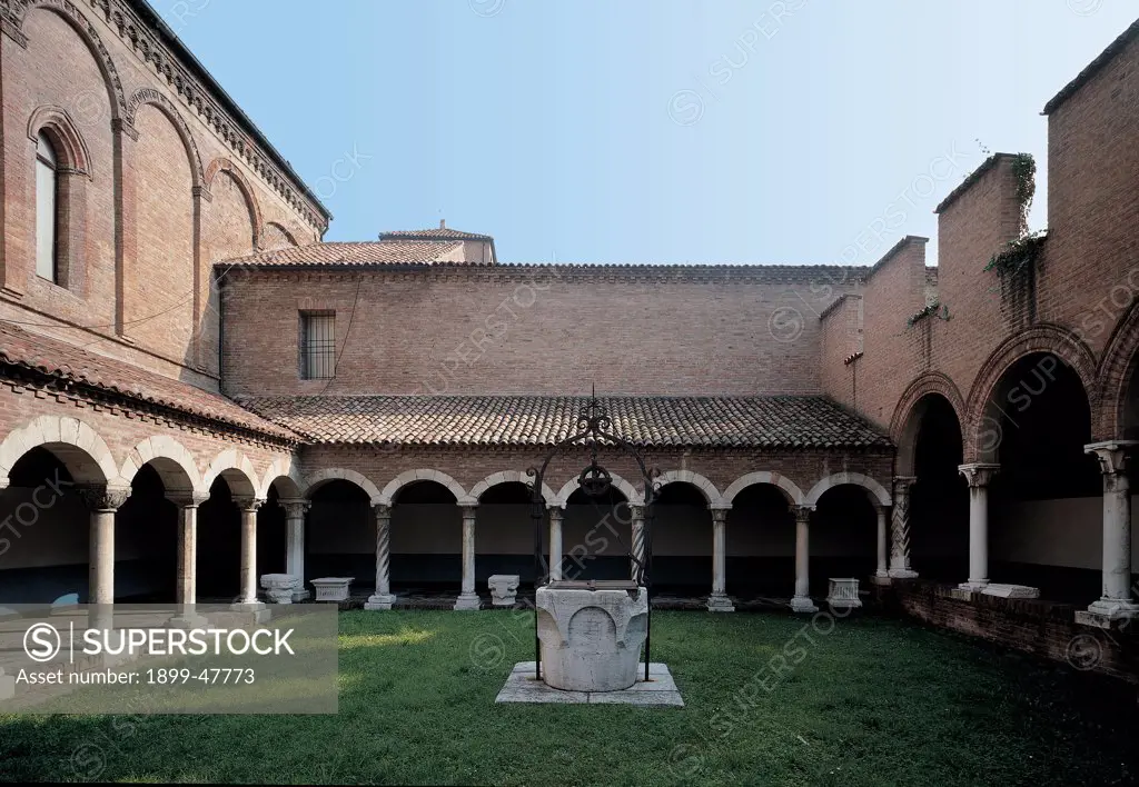 Cloister of San Romano, by Unknown, Unknow, Unknow. Italy, Emilia Romagna, Ferrara, former San Romano church, cloister. Foreshortened view cloister arches arcades portico: porch columns base shaft capitals well court: courtyard interior garden roof roofing-tiles church bell-tower windows pilaster-strips crenellations: battlements walls.