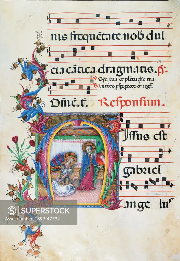 Diurnal and Nocturne Antiphonary from the First Saturday after Epiphany to Holy Saturday, by Anonymous Sienese painter, 15th Century, illuminated manuscript. Italy, Tuscany, Siena, Osservanza Basilica. Whole artwork. Illuminated page -Annunciation score notes music chant square Annunciation Virgin Mary garment: dress mantle: cloak announcement archangel Gabriel wings halos: aureoles plant volutes: spirals blue red yellow green.