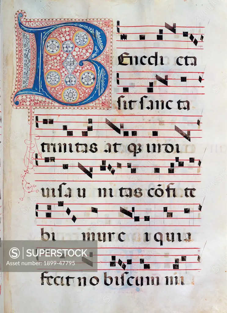 Gradual from Palm Sunday to the XXIV Sunday after Pentecost, by Anonymous Sienese painter, 15th Century, illuminated manuscript. Italy, Tuscany, Siena, Osservanza Basilica. Whole artwork. Benedicta. Illuminated page score notes text verses prayer chant incipit: beginning initial letter decoration blue red green yellow.