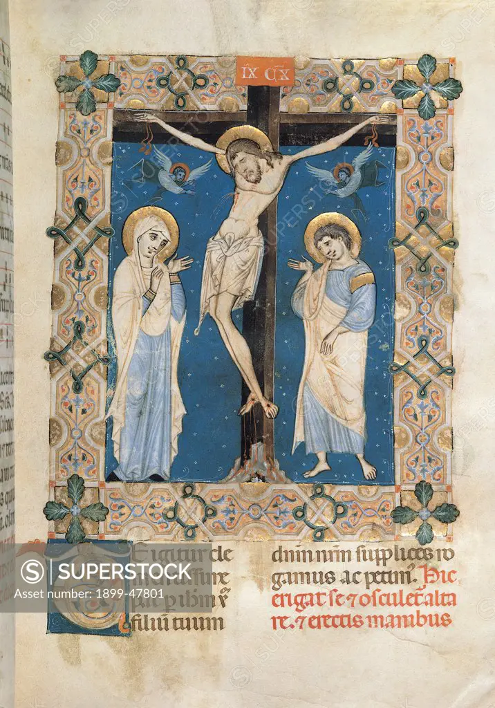 Franciscan Missal of The Crucifixion, by Master of the Deruta Missal, 1280, 13th Century, illuminated manuscript. Italy, Campania, Salerno, Duomo Museum. Whole artwork. Illuminated page. The Crucifixion Jesus Christ crucified Virgin Mary St John intertwined: interlaced: interwoven decorative motifs leaves incipit initial letter writing sacred: holy text.