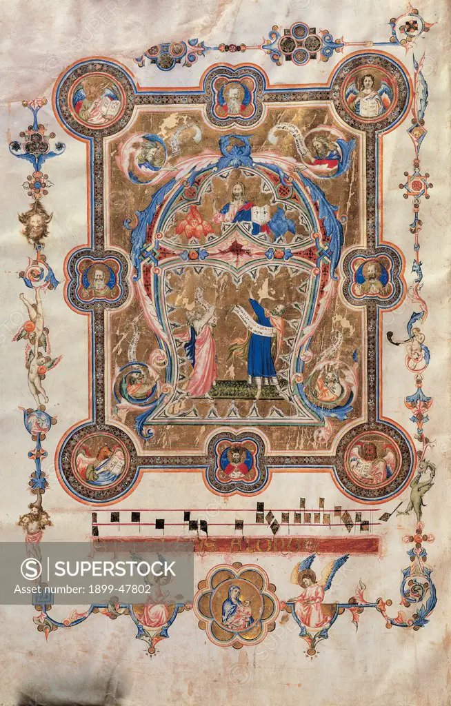 Choral music of initial A with Christ and Prophets, by Unknown, 14th Century, illuminated manuscript. Italy, Tuscany, Pisa, Opera del Duomo Museum. Whole artwork. Illuminated page musical notes stave: staff Christ in glory tondos angels prophets Virgin Mary spiral vegetal rinceaux gold red blue.
