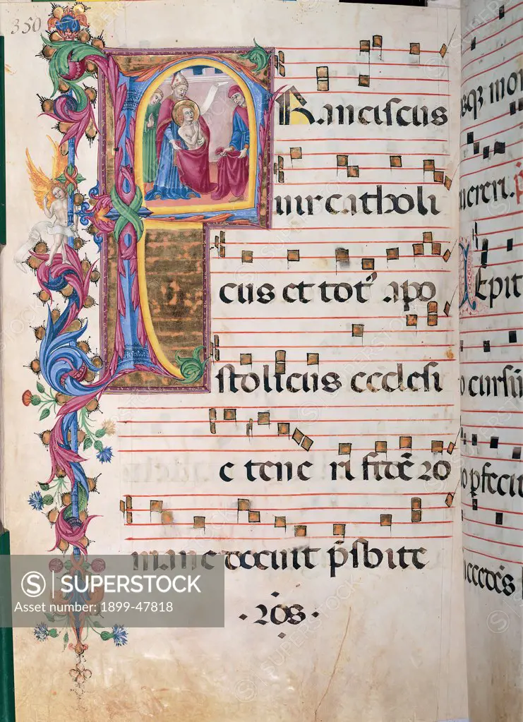 Day and night Antiphonary from the 6th Sunday after Pentecost to the Advent, by Anonymous Sienese painter, 15th Century, illuminated manuscript. Italy, Tuscany, Siena, Osservanza Basilica. Whole artwork. St Francis gives up riches illuminated page score notes music chant plant shoots panel incipit: beginning initial letter St Francis man saint tonsure nudity halo: aureole dresses: robes: garments giving up Pontiff pr.