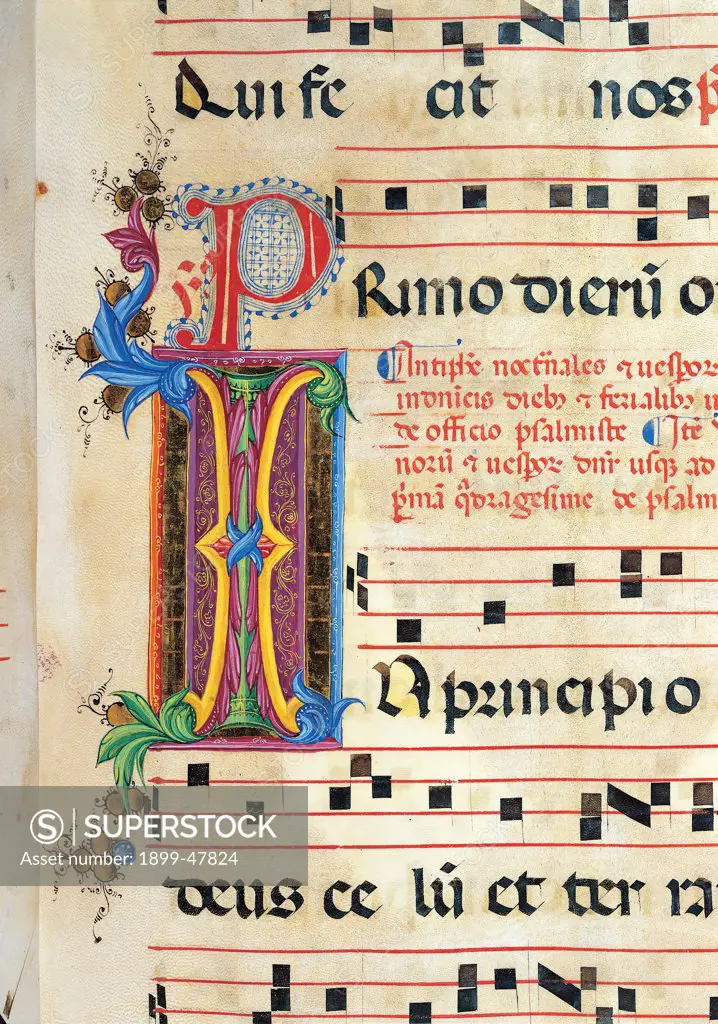 Diurnal and Nocturne Antiphonary from the First Saturday after Epiphany to Holy Saturday, by Anonymous Sienese painter, 15th Century, illuminated manuscript. Italy, Tuscany, Siena, Osservanza Basilica. Detail. Illuminated page - In principio. Score notes music chant panel letter initial letter incipit: beginning plant shoots blue red yellow green.