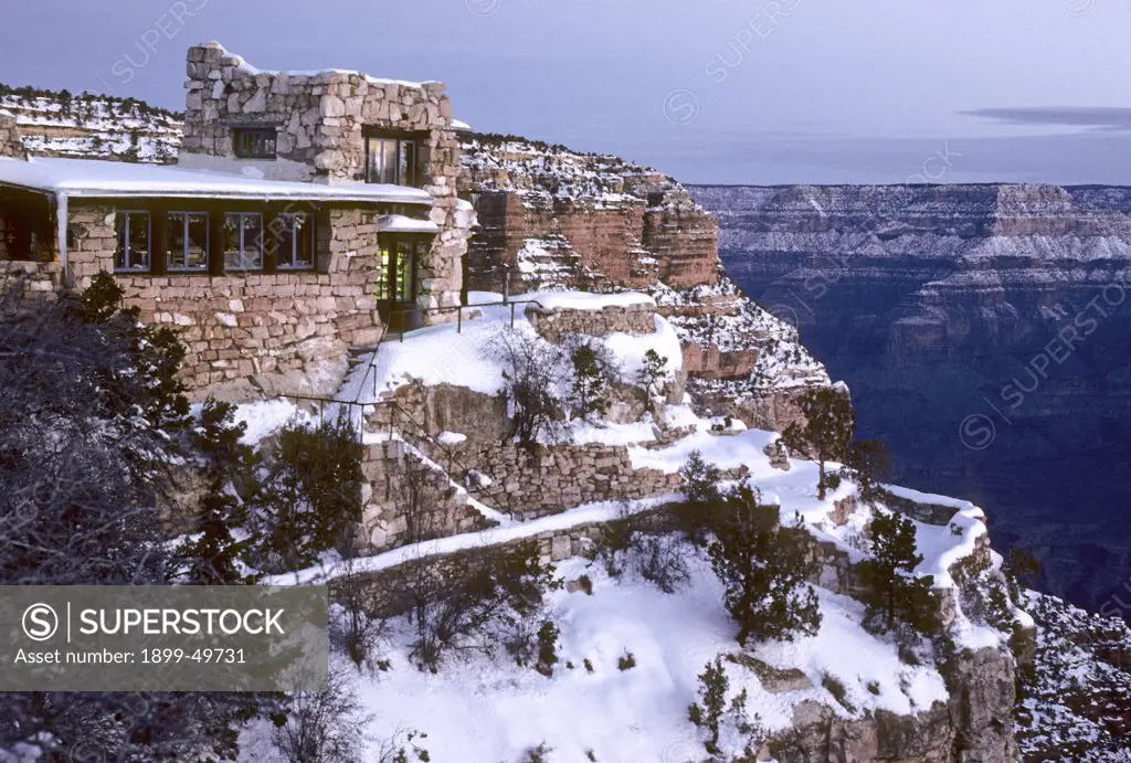 Lookout Studio in winter, Historic District, Grand Canyon National Park.  Historic building designed by Mary Jane Colter. Grand Canyon National Park, Arizona, USA.