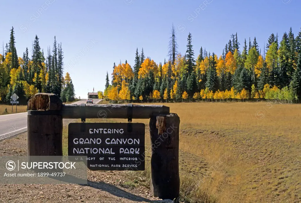 Sign at the entrance to Grand Canyon National Park in a subalpine meadow in autumn; behind is a spruce-fir forest with quaking aspens. Populus tremuloides. Kaibab Plateau, North Rim of Grand Canyon National Park, Arizona, USA.