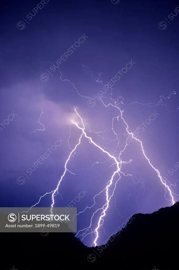 Multiple cloud-to-ground lightning discharges.   Tucson Mountains, Tucson, Arizona, USA.