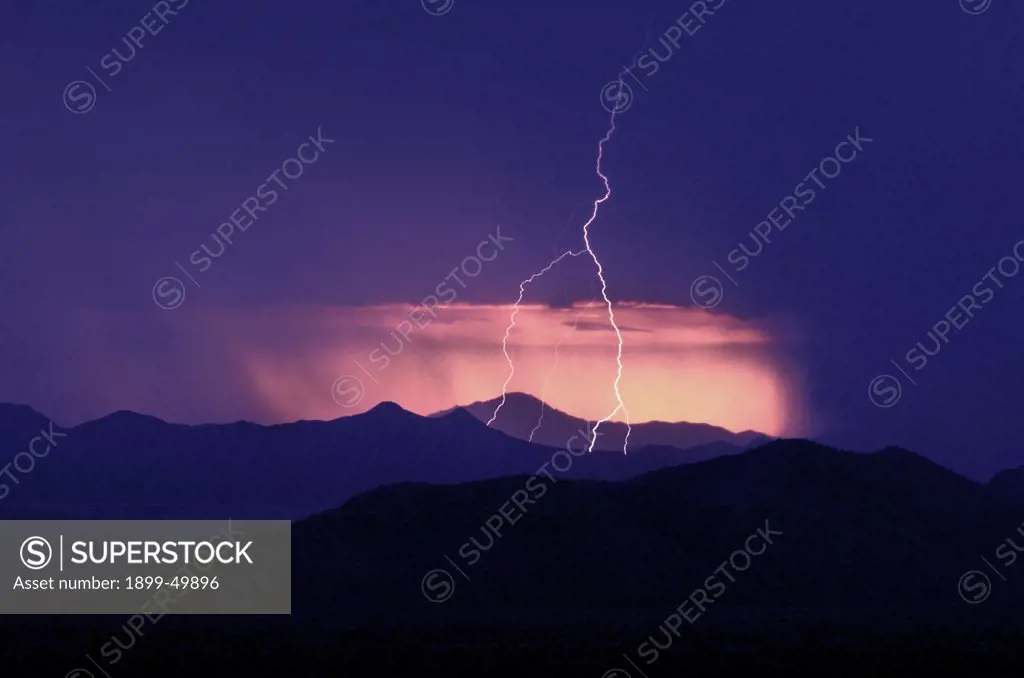 Forked lightning at sunset with four cloud-to-ground contact points in the Roskruge Mountains, viewed from the Tucson Mountains across Avra Valley.  Arizona, USA.