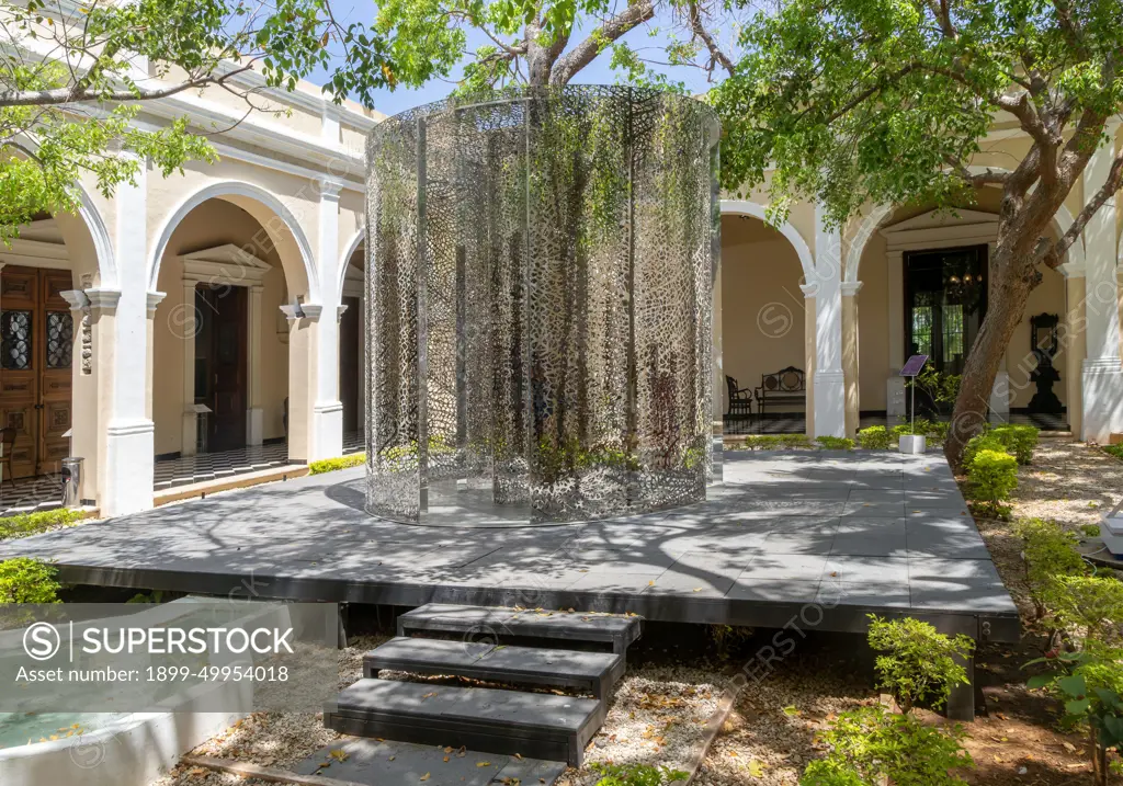 Art exhibition 'Atlas' by Jan Hendrix, artwork in central courtyard of palace of Casa de Montejo, Merida, Yucatan State, Mexico.
