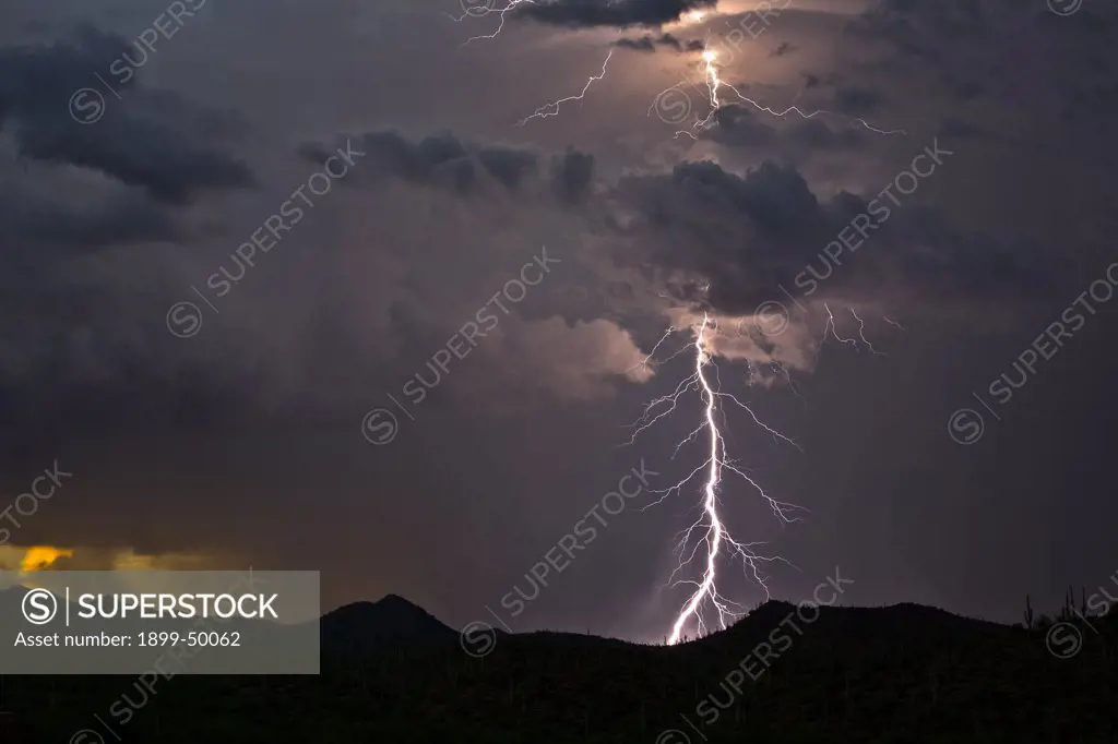 Cloud-to-ground lightning strike in the Tucson Mountains.   Tucson, Arizona, USA.  Digital