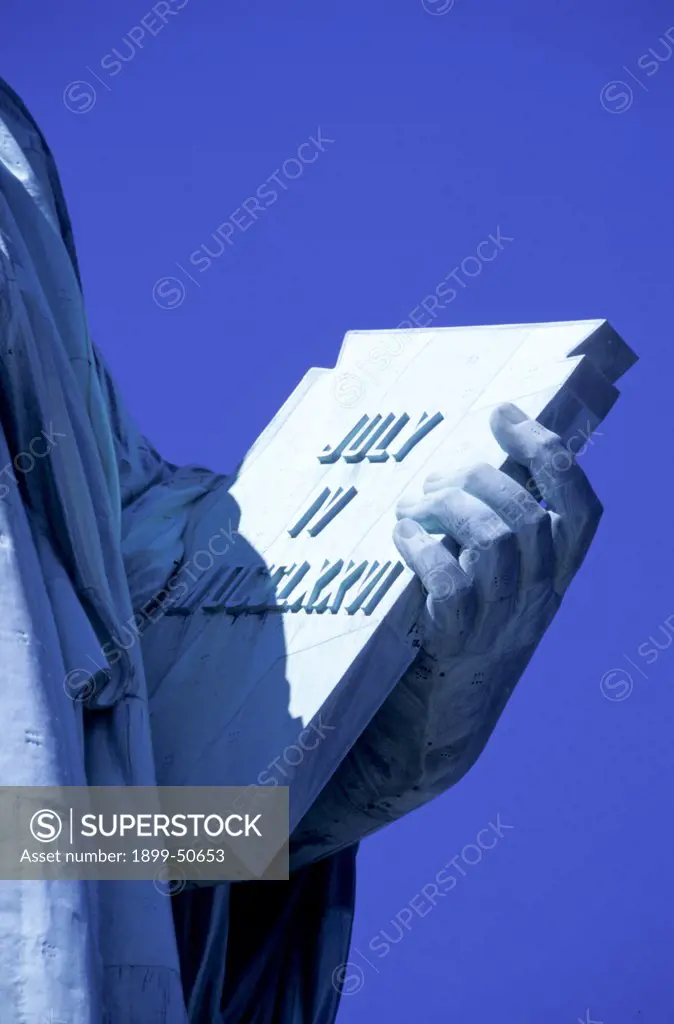 New York City. Close Up Of Tablet In The Arm Of The Statue Of Liberty