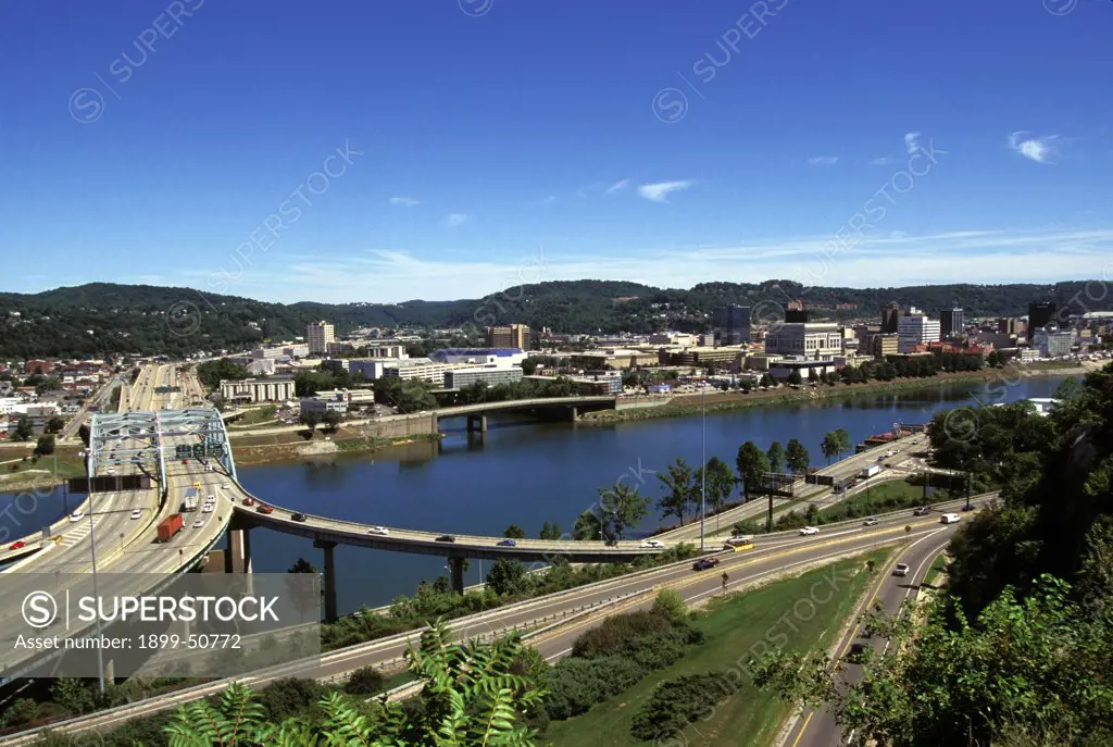 West Virginia, Charleston. Highway, River, And Overview Of City.