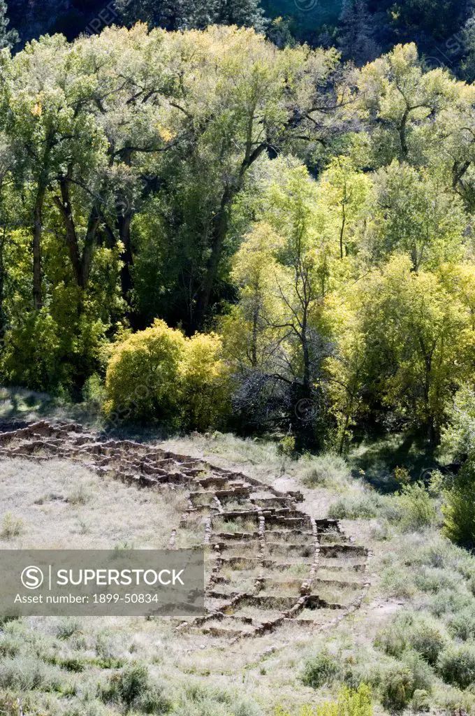 New Mexico, Bandelier National Monument. Frijoles Canyon. Main Loop Trail. Tyuonyi Pueblo