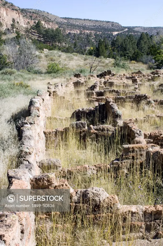 New Mexico, Bandelier National Monument. Frijoles Canyon. Main Loop Trail. Tyuonyi Pueblo Wall Ruins.