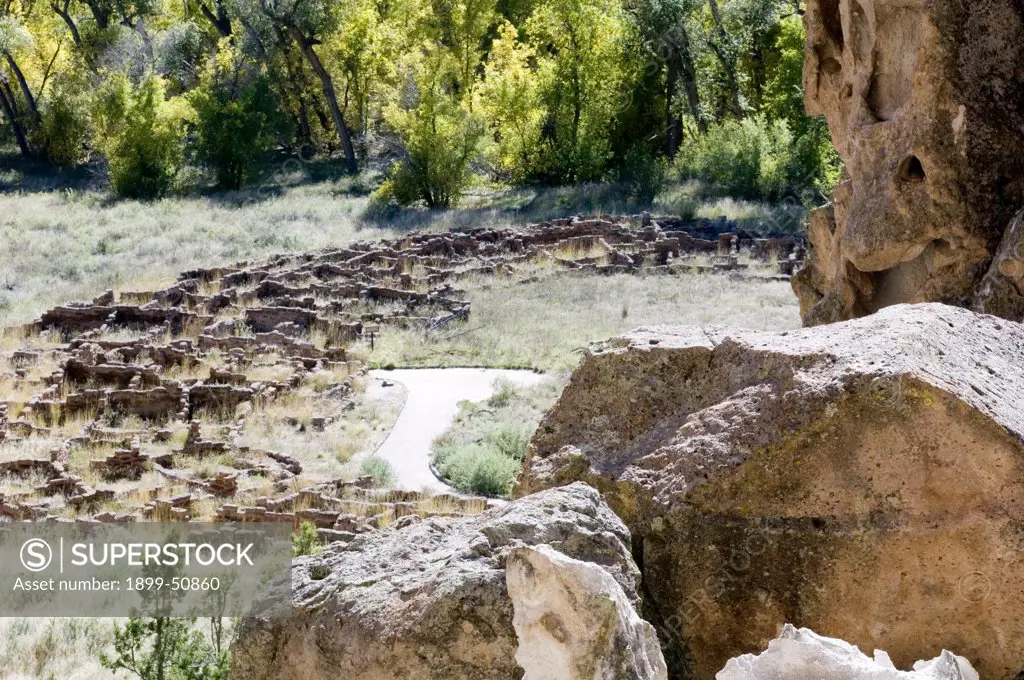 New Mexico, Bandelier National Monument. Main Loop Trail Showing. Frijoles Canyon. Ruins
