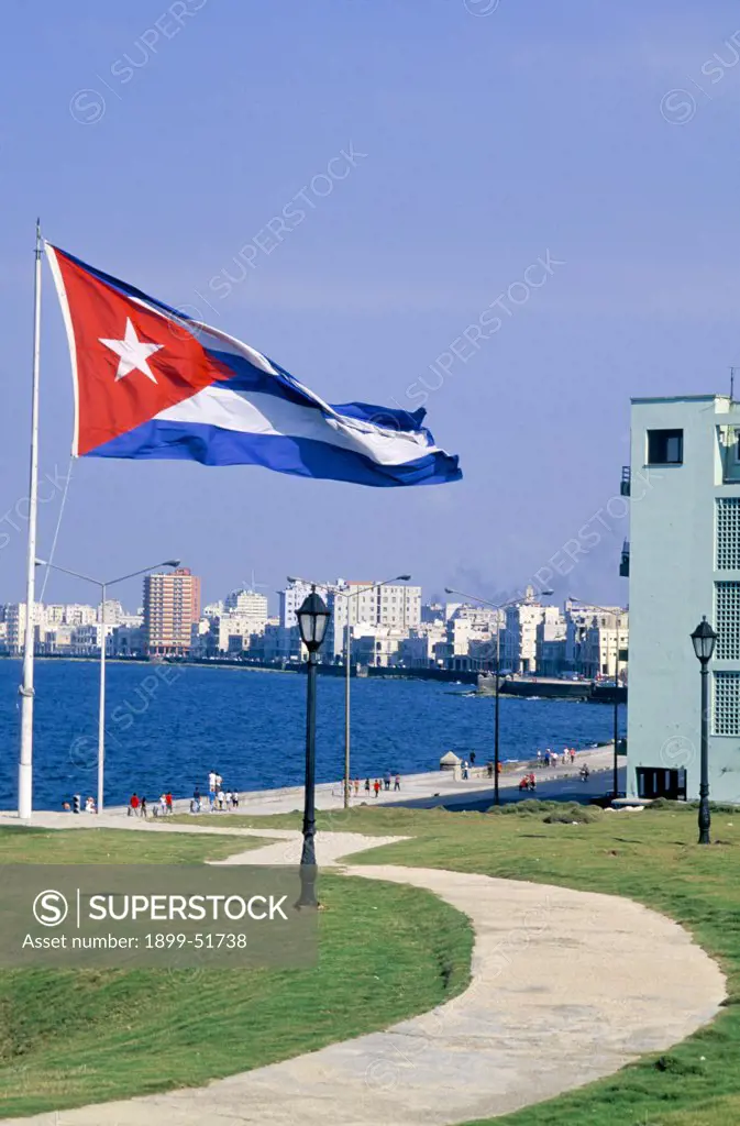 Cuba. Havana. Cuban Flag And Malecon