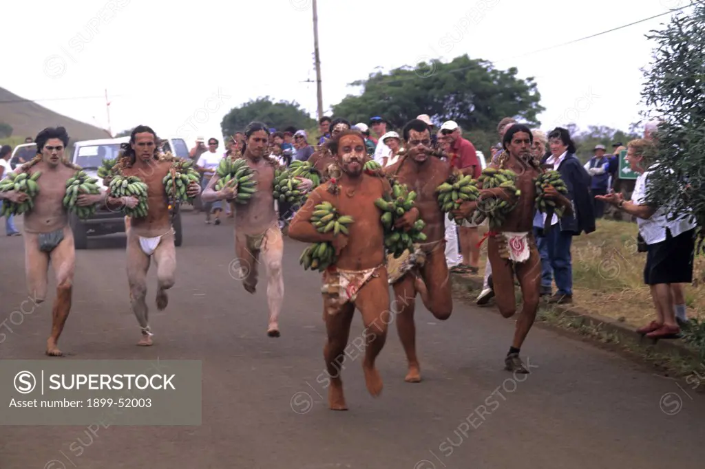 Easter Island, Men Competing In Banana Race During Tapati Festival Rapa Nui
