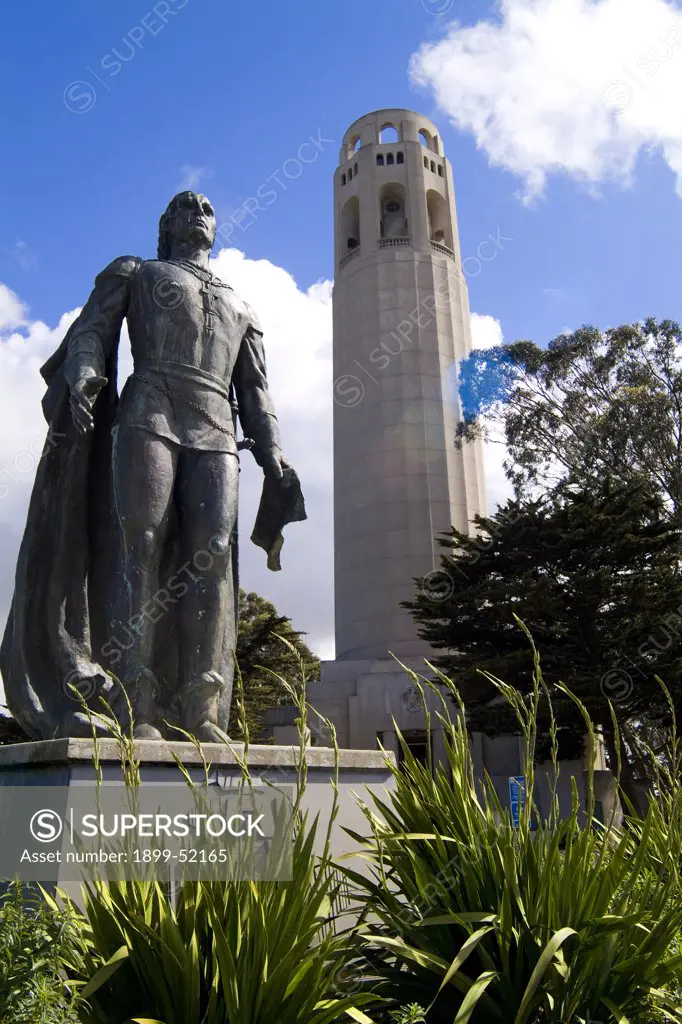 California, San Francisco, Coit Tower And Statue Of Christopher Columbus