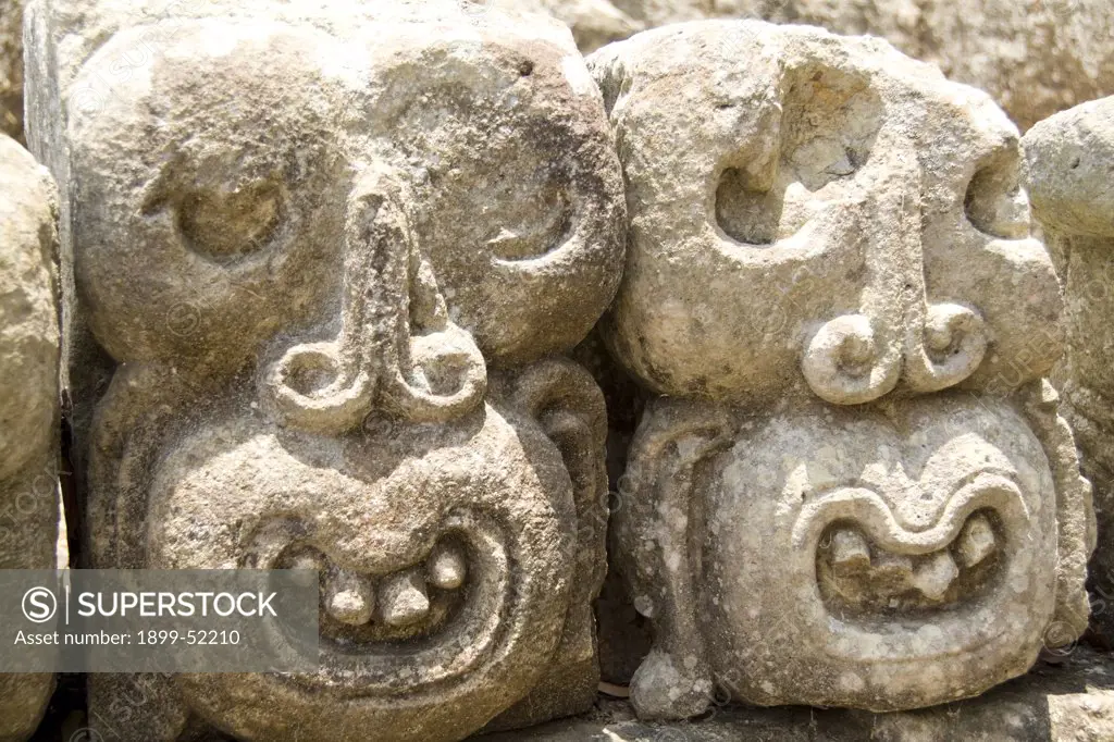 Guatemala, Copan. Mayan Ruins. Carved Stone Sculptures