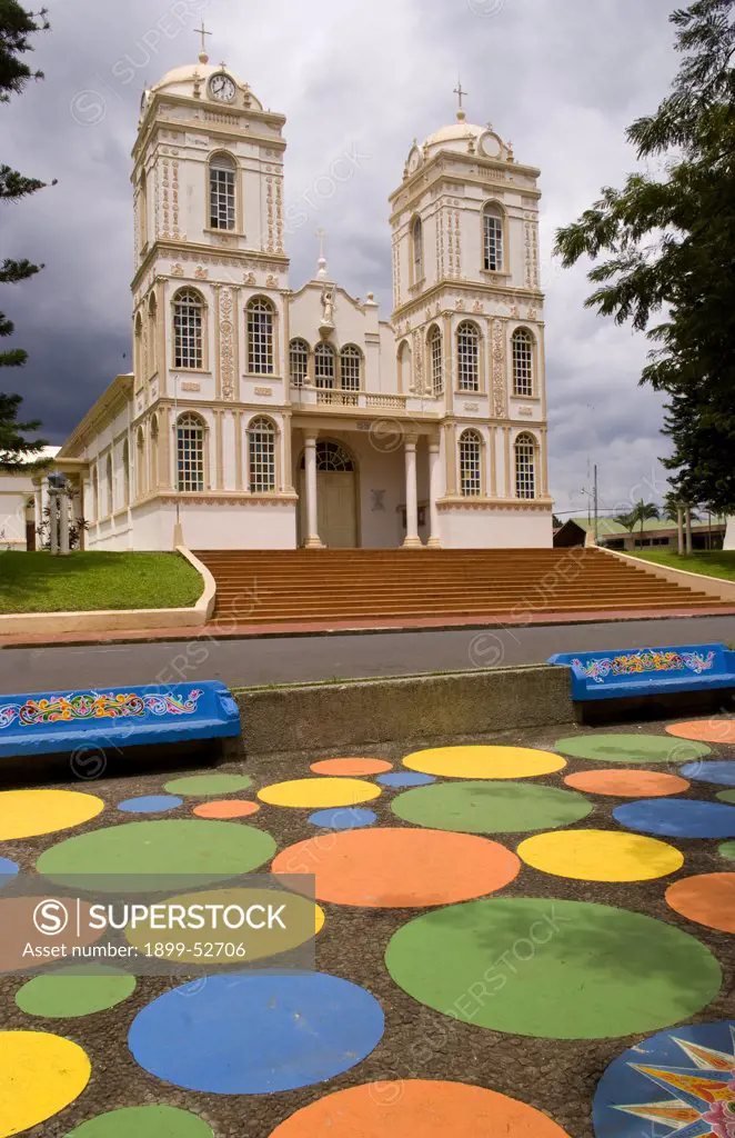 Old Cathedral Church And Painted Dots On Pavement In Sarchi Norte In Costa Rica.