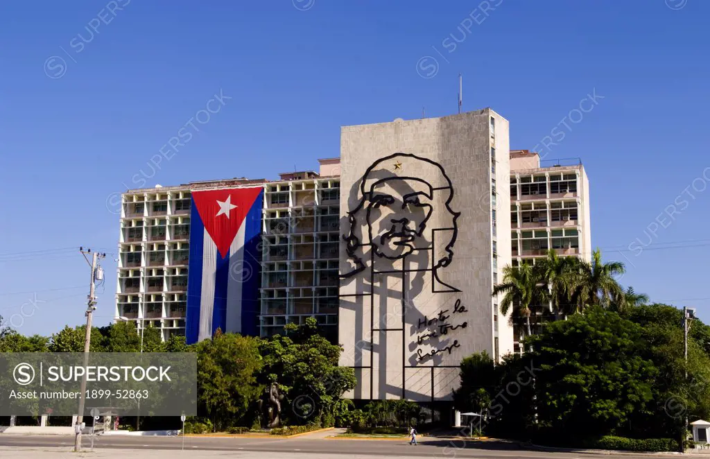 Revolution Square In Havana, Cuba, With Large Neon Artwork Of Che Guevara And Cuban Flag