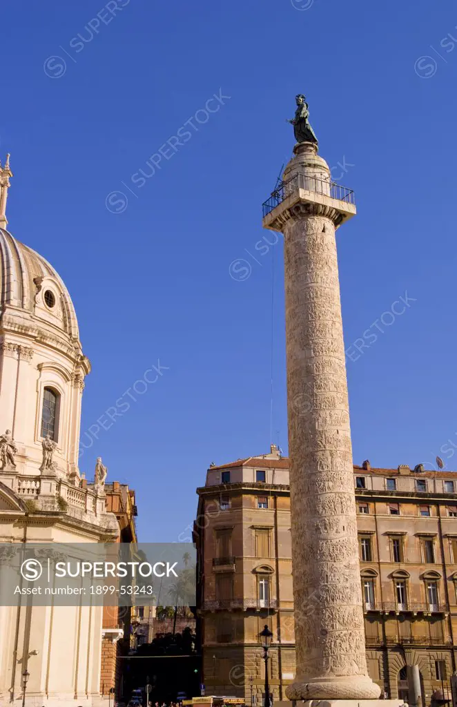 Traiana Column And Cathedral In Roman Forum, Rome, Italy