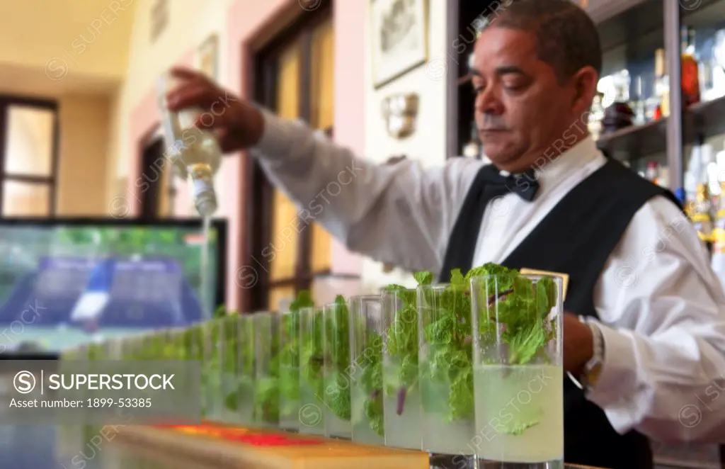 Bartender Pouring Row Of Mojitos At Bar With Rum In Havana, Cuba