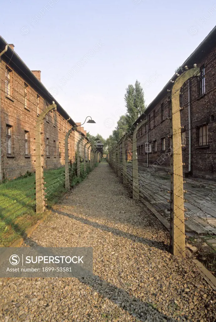Poland, Auschwitz. Outdoor Walkway Lined With Electrified Barbed Wire.