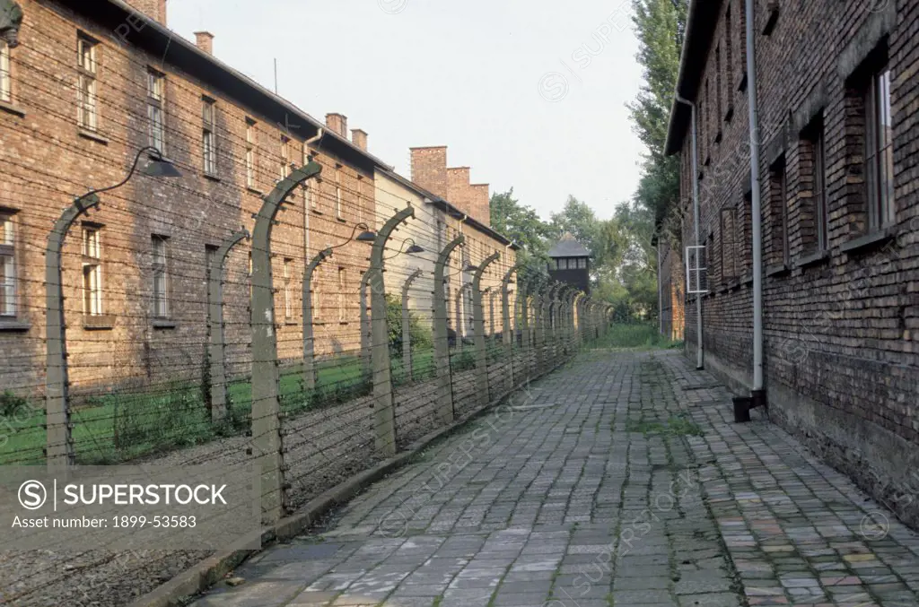 Poland, Auschwitz. Outdoor Walkway Bordered By Electrified Barbed Wire.
