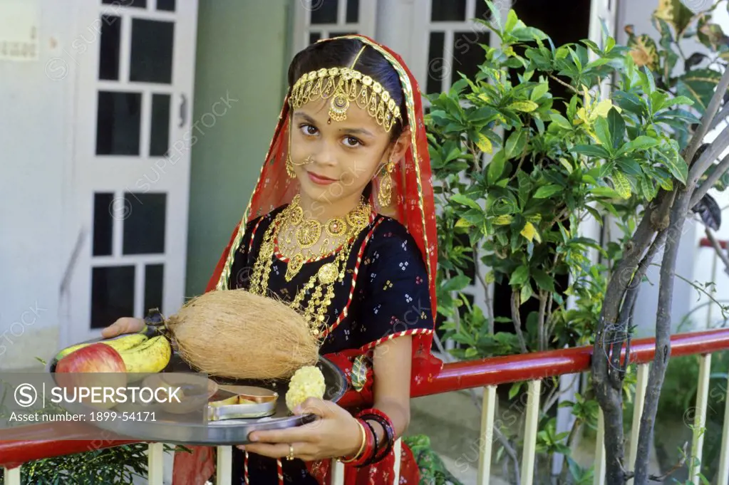 India. Diwali Deepawali Festival. Girl Holding Arati Plate