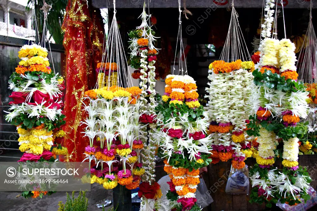 Colorful Garlands Of Flowers For Sale At Juhu, Bombay, Now Mumbai, Maharastra, India
