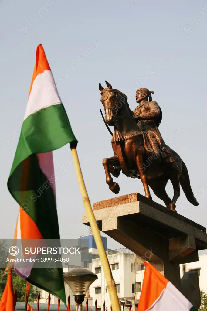 Statute Of Shivaji And Flag Of India In City Of Pune Maharashtra India