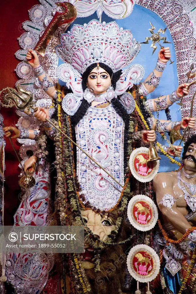 Idol Of Goddess Durga, Durga Pooja Dassera Vijayadasami Festival, Calcutta Kolkata, West Bengal, India
