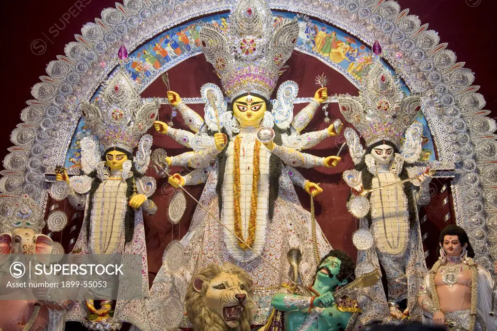 Idol Of Goddess Durga, Durga Pooja Dassera Vijayadasami Festival, Calcutta Kolkata, West Bengal, India